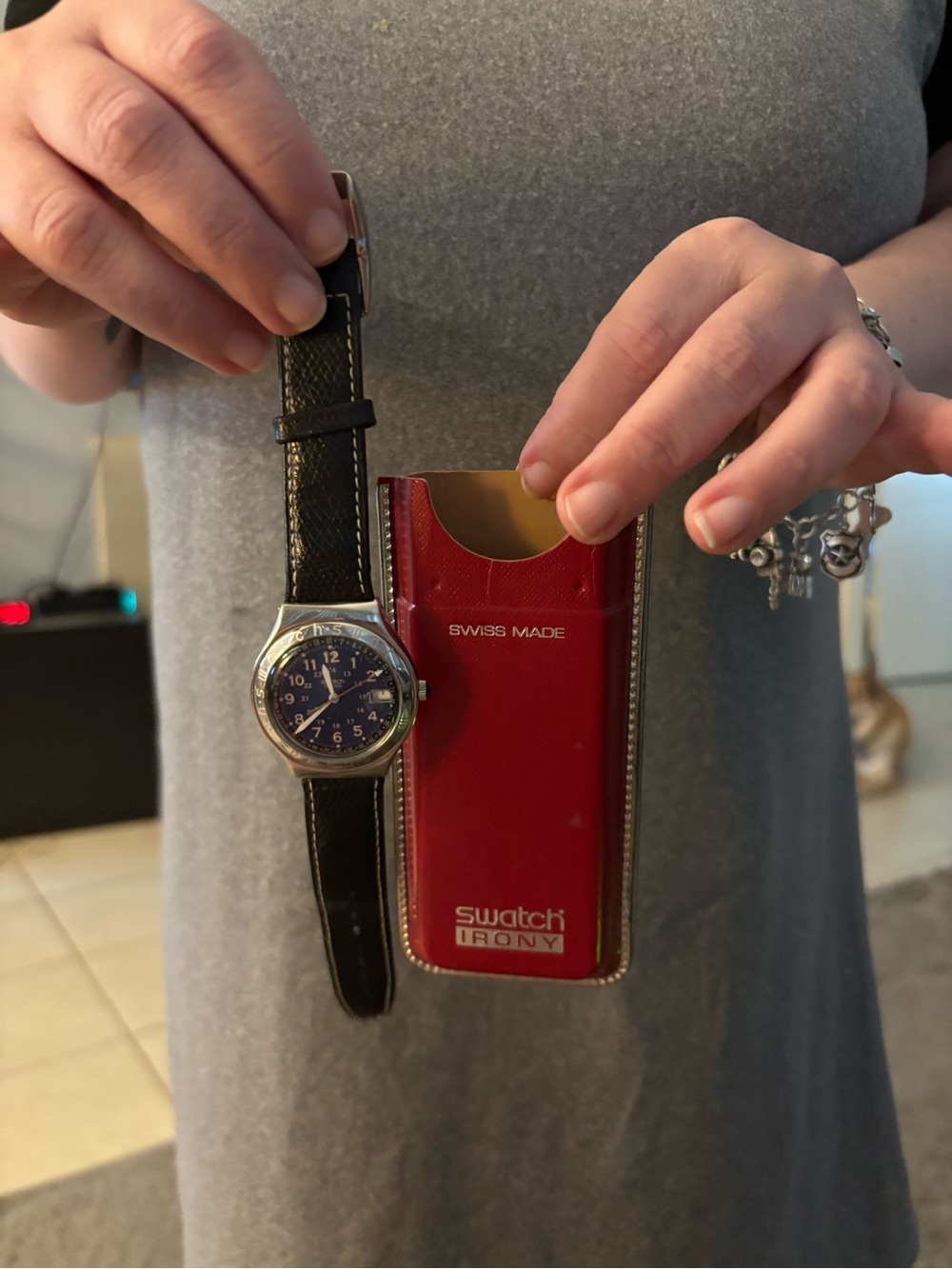 Swatch Men's Black Strap Watch with Navy Dial and Silver Case